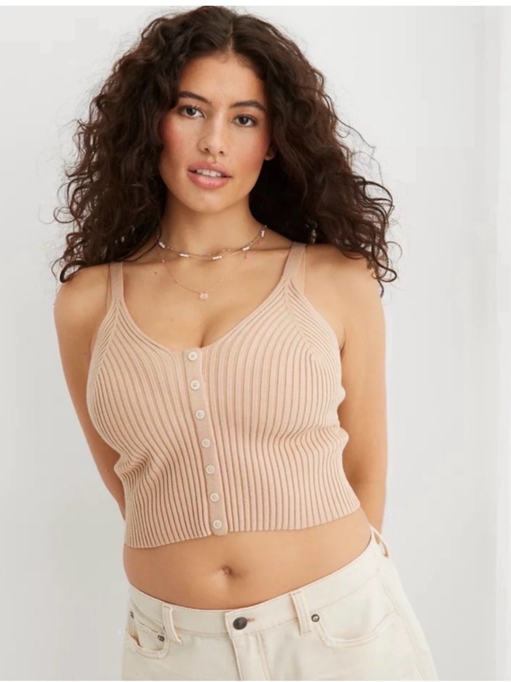 Aerie Ribbed Button-Front Cropped Tank - Nude Blush
